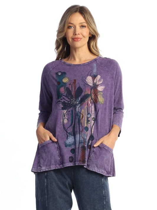 M12-2153 Purple Lillian Abstract Print 2 Pocket Tunic Women's Top