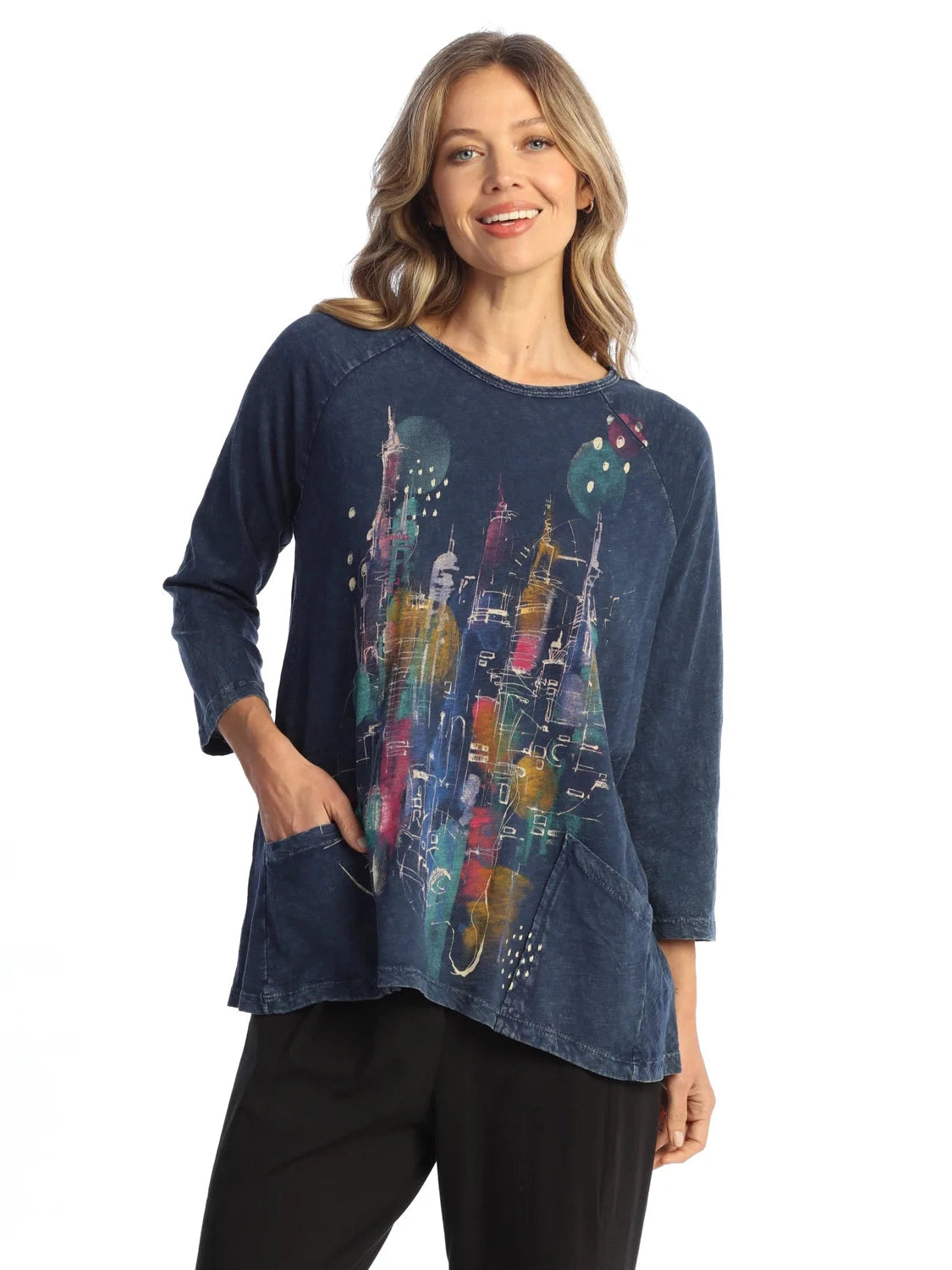 Jess & Jane  M12-2156 Big Apple Denim 2 Pocket 3/4 Sleeve Tunic Women's Top