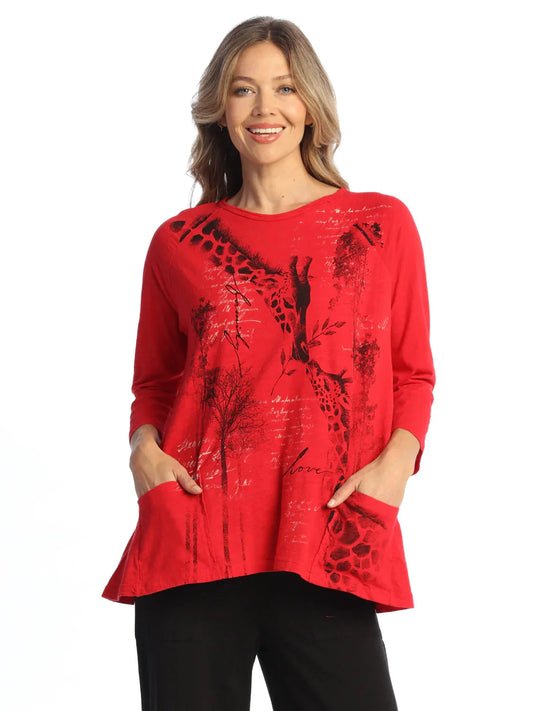 M12-2157 J Red Safari Giraffe Print 2 Pocket Tunic Women's Top