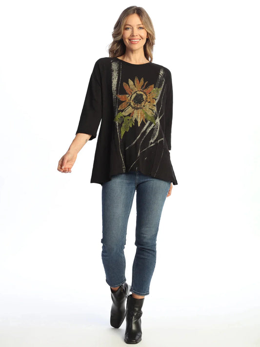 M12-2159 Jet Black Sunburst Flower Print 2 Pocket Tunic Women's Top