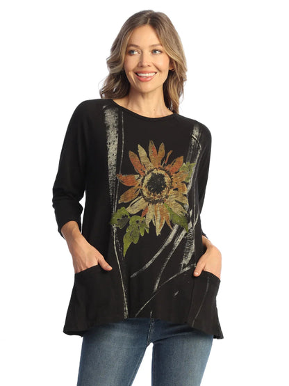 M12-2159 Jet Black Sunburst Flower Print 2 Pocket Tunic Women's Top