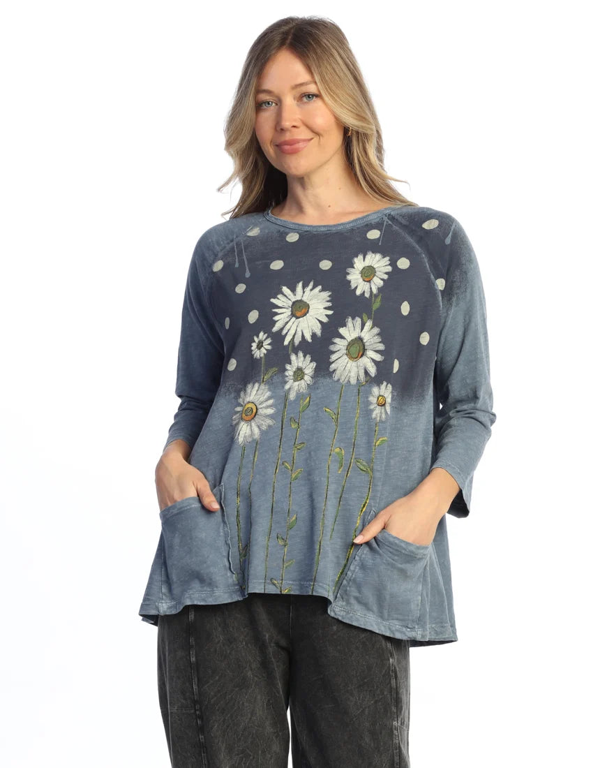 Jess &amp; Jane -Jess &amp; Jane&nbsp; M12-2156 Friendship Vt Denim Dandelion 2 Pocket 3/4 Sleeve&nbsp; &nbsp;Women's Top