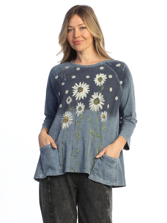 Jess &amp; Jane -Jess &amp; Jane&nbsp; M12-2156 Friendship Vt Denim Dandelion 2 Pocket 3/4 Sleeve&nbsp; &nbsp;Women's Top