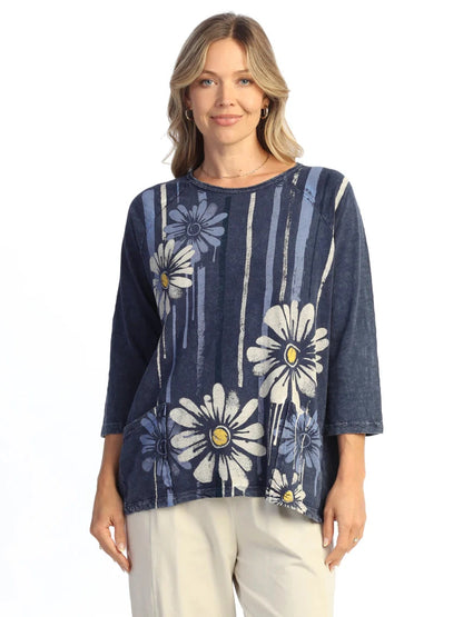  M12-2211 Groovy Denim Blue Sun Flower Print 2 Pocket Tunic Women's Top