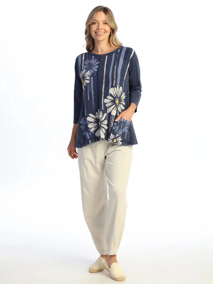  M12-2211 Groovy Denim Blue Sun Flower Print 2 Pocket Tunic Women's Top