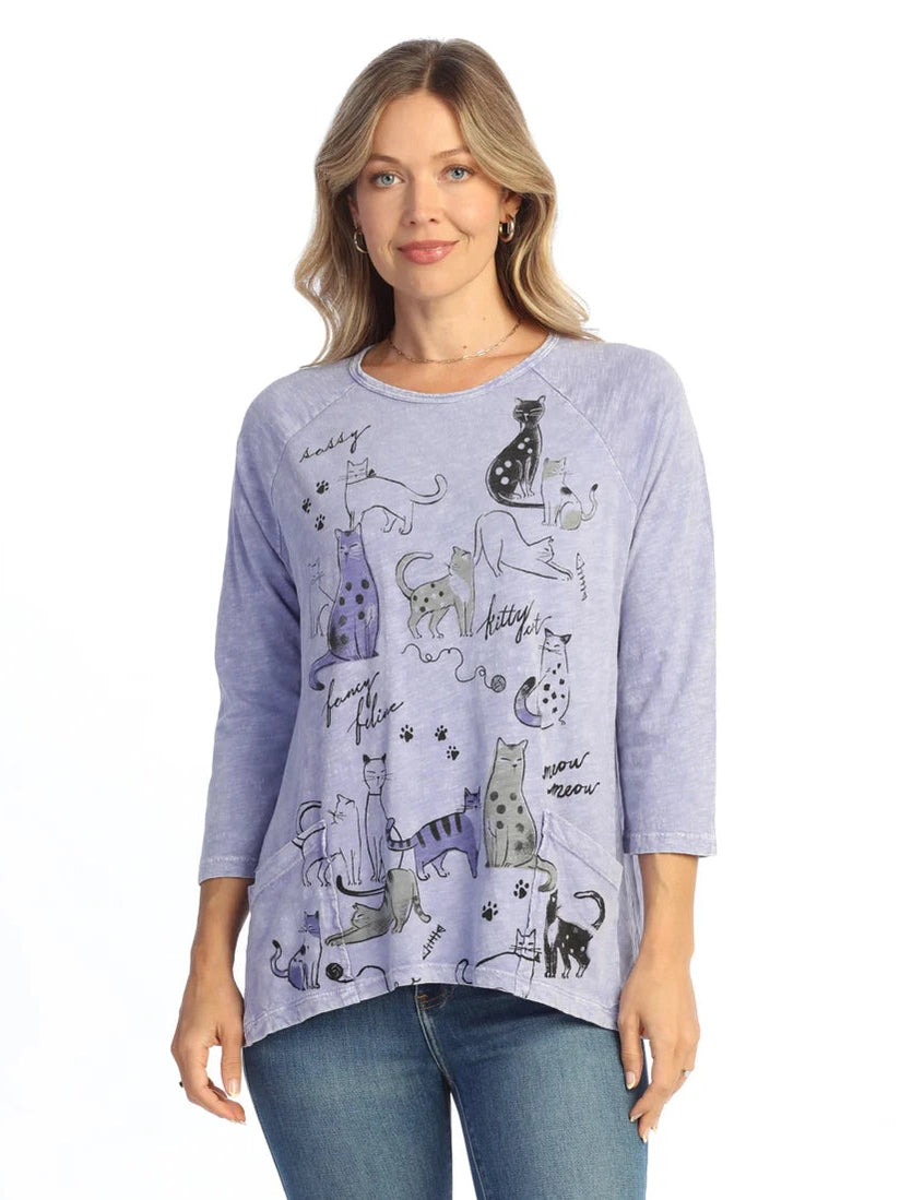 M12-2228 Whiskers Purple Kitty Abstract Print 2 Pocket Tunic Women's Top