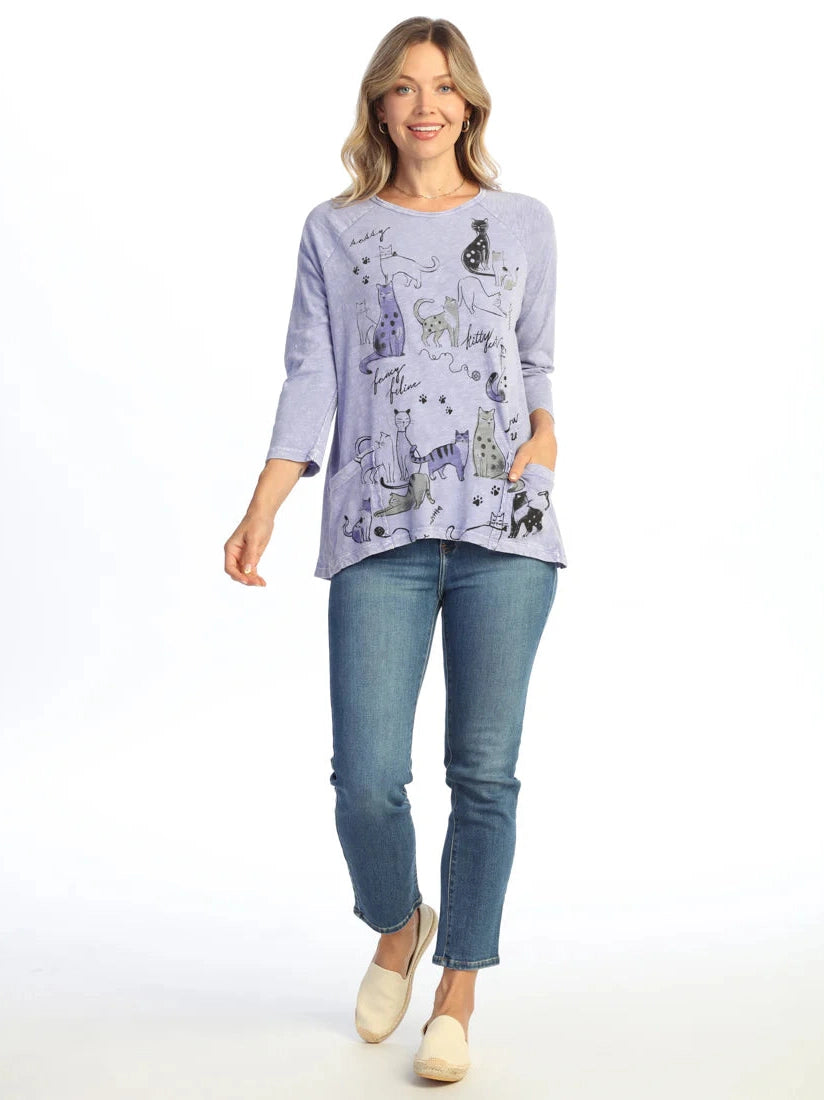 M12-2228 Whiskers Purple Kitty Abstract Print 2 Pocket Tunic Women's Top