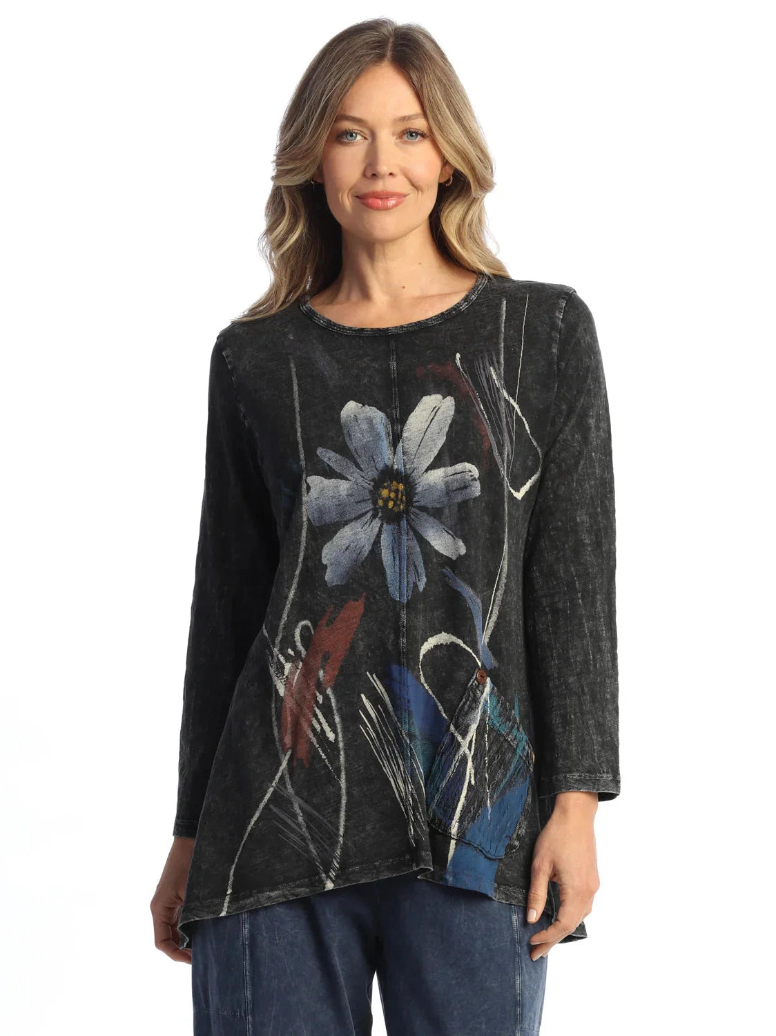 Jess &amp; Jane M134-2154&nbsp; Jazzy&nbsp; Pullover&nbsp; Black Flower 2 Pocket&nbsp; Long Sleeve Women's Top