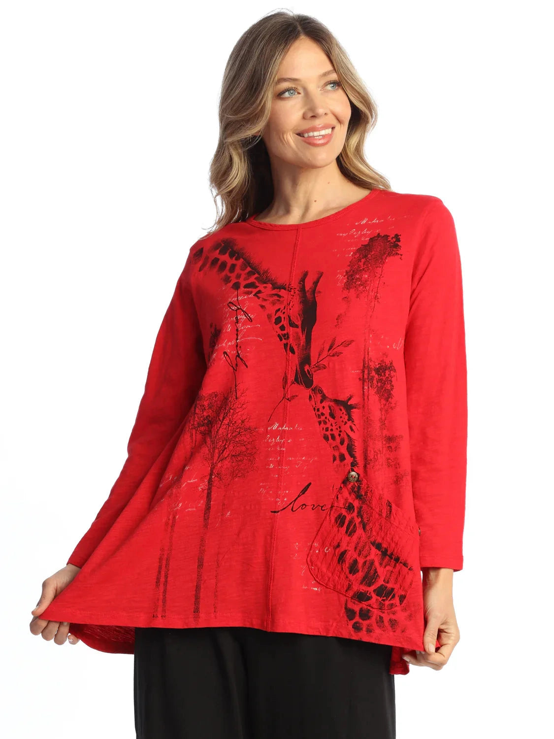 M134-2157&nbsp; Safari&nbsp; Pullover Red/ Black Flower 1Pocket&nbsp; Long Sleeve Women's Top