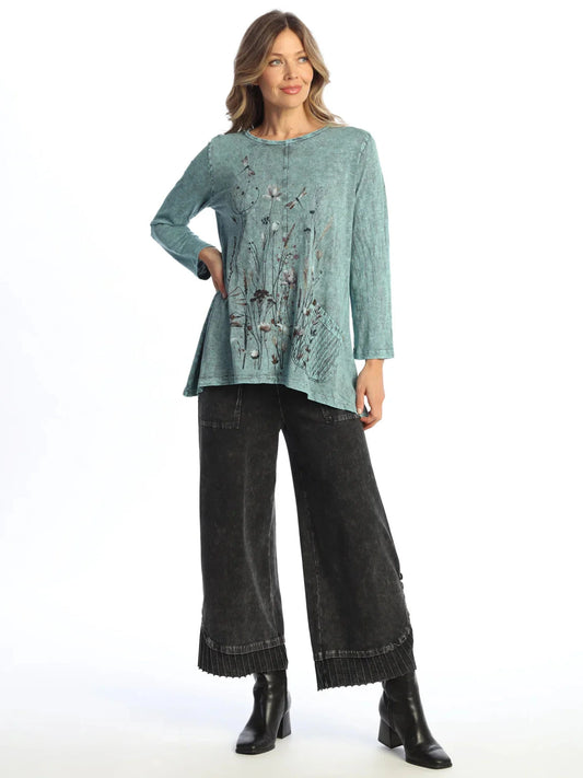 M134-2162  Vivian Teal  Pullover  Dragon Fly /Flower 2 Pocket  Long Sleeve Women's Top