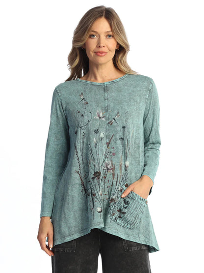 M134-2162  Vivian Teal  Pullover  Dragon Fly /Flower 2 Pocket  Long Sleeve Women's Top