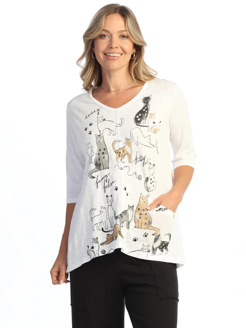M139-2228 Whiskers White 1 Pocket 1/2 Sleeve V-Neck Women's Top