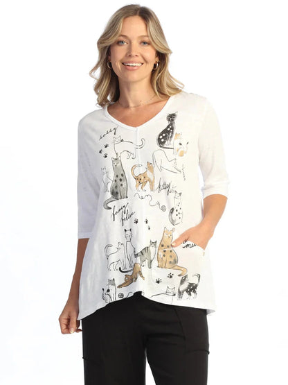 M139-2228 Whiskers White 1 Pocket 1/2 Sleeve V-Neck Women's Top
