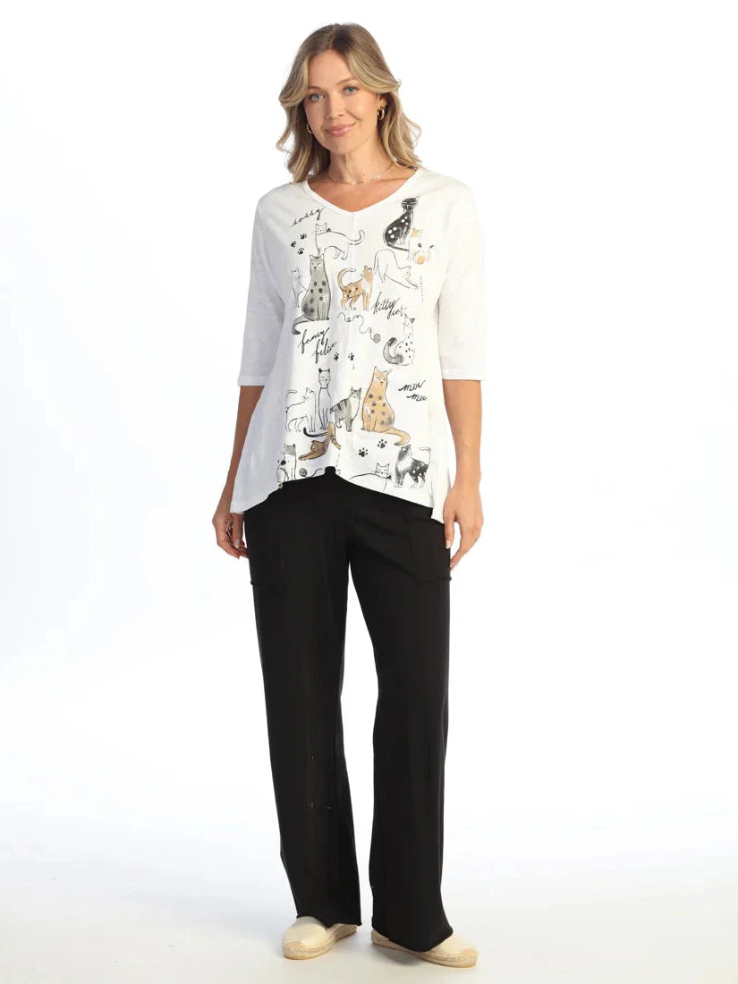 M139-2228 Whiskers White 1 Pocket 1/2 Sleeve V-Neck Women's Top