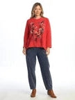 M148 Kira Scarlet Red Floral Long Sleeve Pullover Cotton Women's&nbsp;