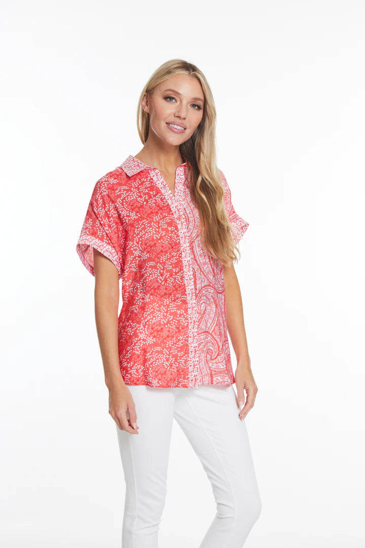 Shirt Multi Color Red 1/4 Sleeve Button Front Women's M24208bm 