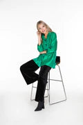 Women's Emerald Satin 3/4 sleeve Button Top 