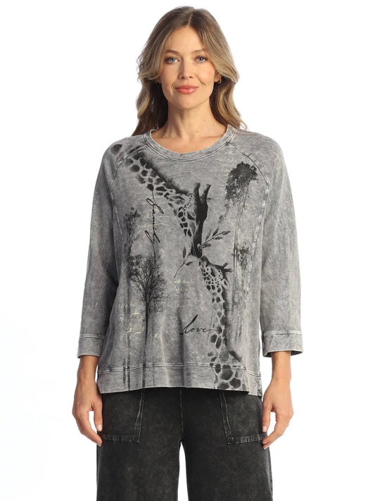 M51-2157 Grey Safari Giraffe  Print  French Terry Women's Top