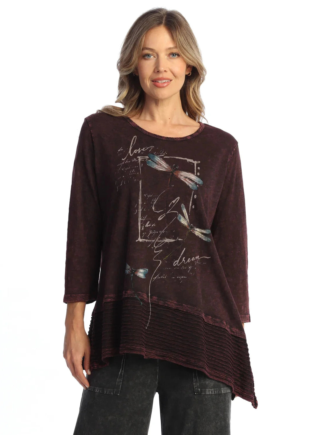 M54-2146 Flutter Wine Dragon Fly Jazzy Mineral Washed Wavy Contrast 3/4 Sleeve Tunic Women's Top&nbsp;