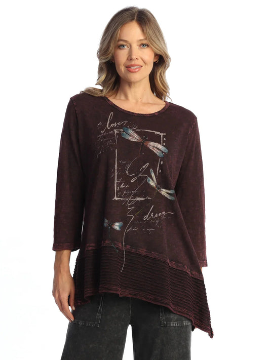 M54-2146 Flutter Wine Dragon Fly Jazzy Mineral Washed Wavy Contrast 3/4 Sleeve Tunic Women's Top&nbsp;