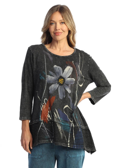 M54-2154  Jazzy Black Floral Mineral Washed Wavy Contrast 3/4 Sleeve Tunic Women's Top
