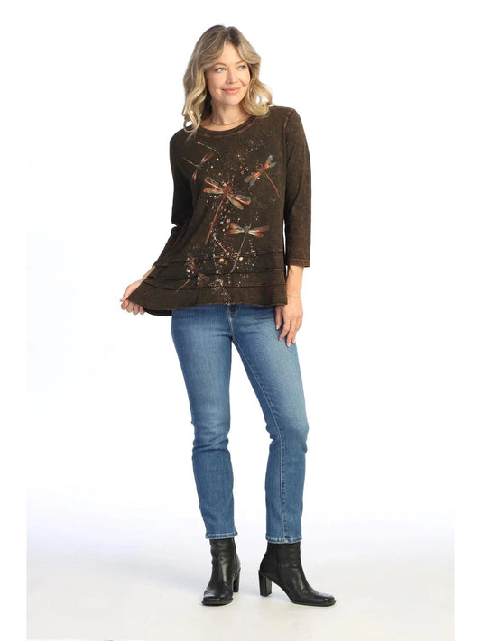 M66-2043 Chocolate Fairy Duet Dragon Fly 3/4 Sleeve Mineral Washed Tunic Women's Top