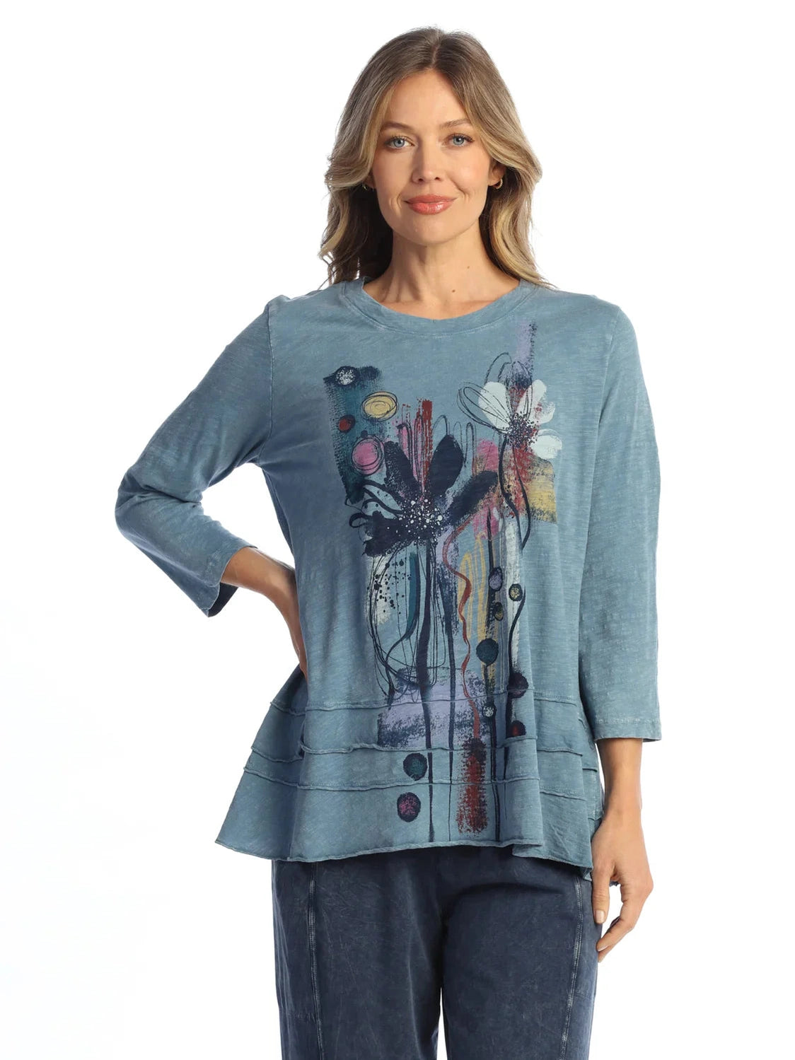 M66-2153 Riva Blue Lillian Abstract Flower 3/4 Sleeve Mineral Washed T ...