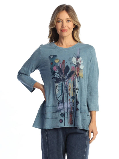 M66-2153  Riva Blue Lillian Abstract Flower 3/4 Sleeve Mineral Washed Tunic Women's Top
