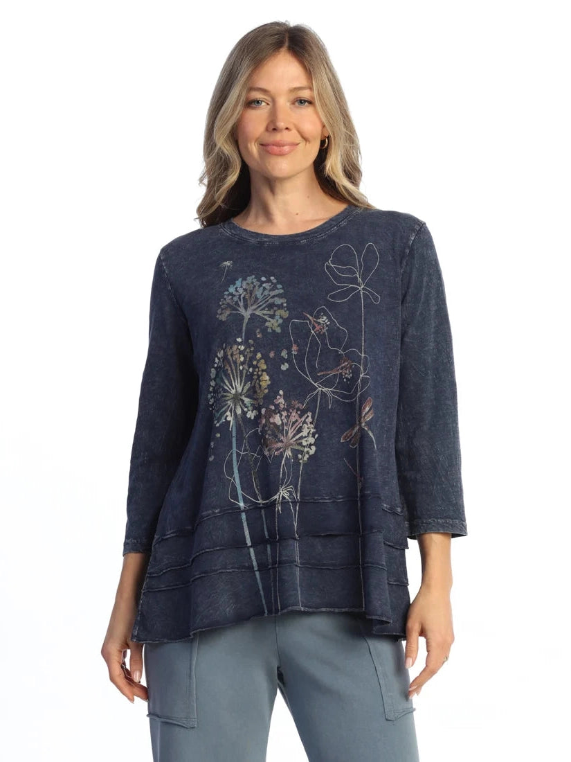 Jess &amp; Jane M66-2274 Denim Vignette 3/4 Sleeve Mineral Washed Tunic Women's Top