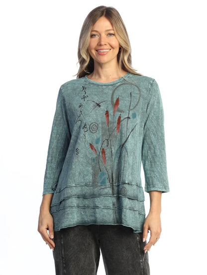  M66-2282 Teal Emi 3/4 Sleeve Mineral Washed Tunic Women's Top