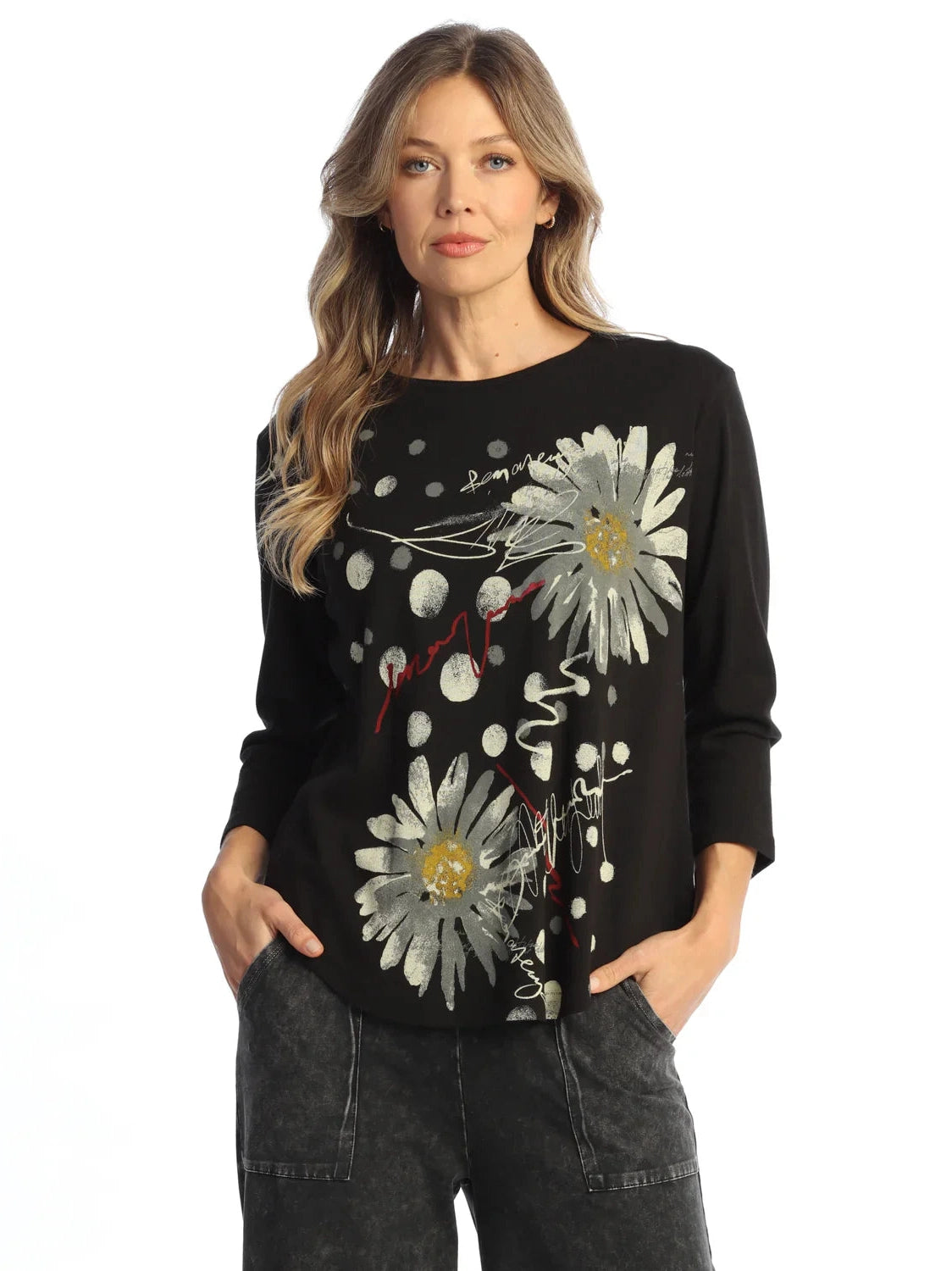 M80-2101 Jet Black Retro Curved Hem  Flower 3/4 Sleeve  Tunic Women's Top