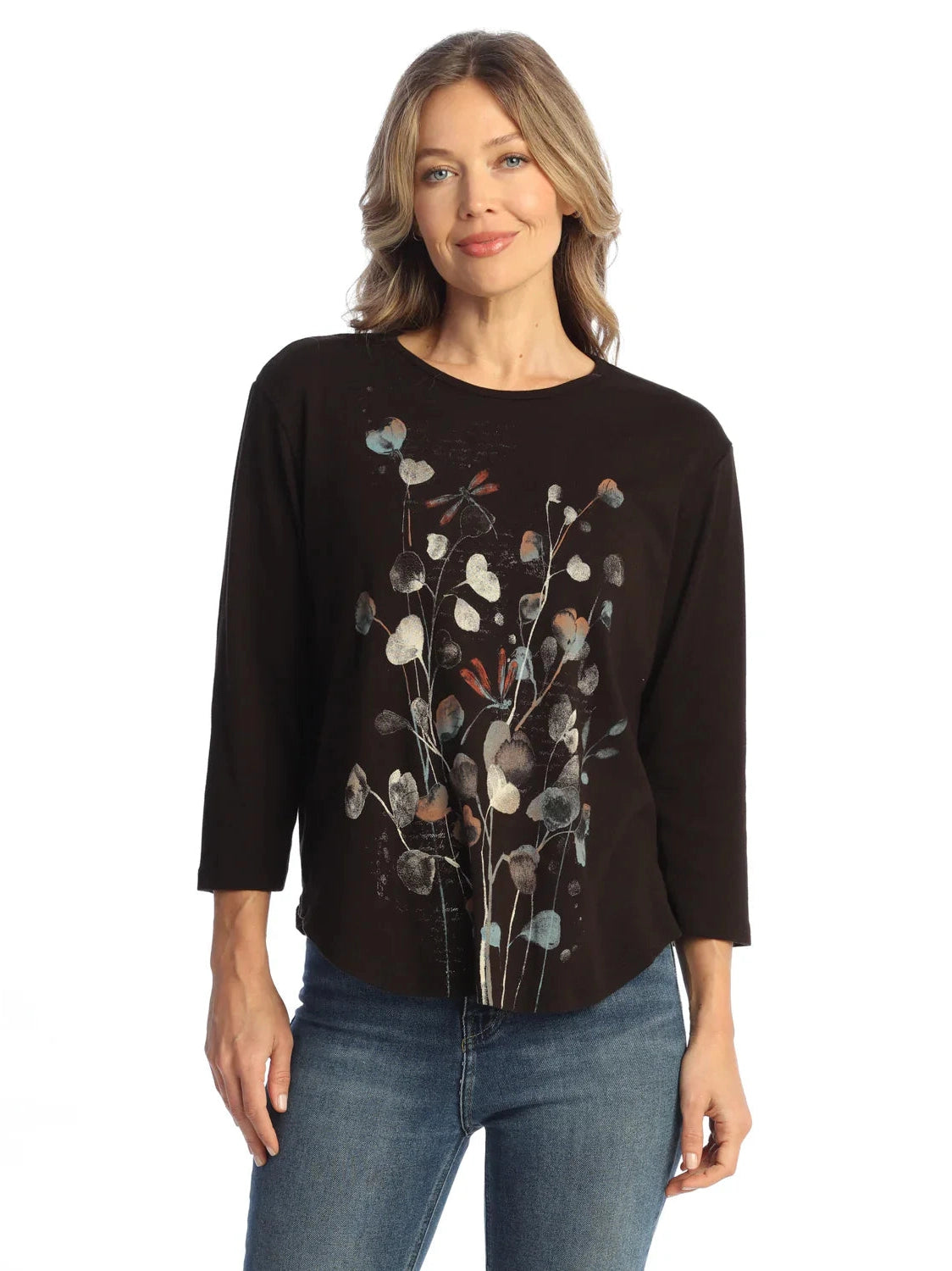 M80-2161 Jet Black Marisol  Curved Hem  Flower 3/4 Sleeve  Tunic Women's Top