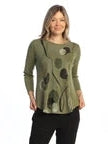 M80-2273 Dream Dots Moss Green  Retro Curved Hem 3/4 Sleeve  Tunic Women's Top