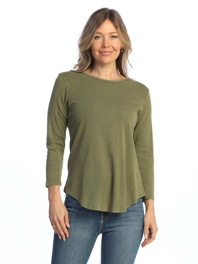 Jess &amp; Jane M80 Moss Green Curved Hem&nbsp; Flower 3/4 Sleeve&nbsp; Tunic Women's Top