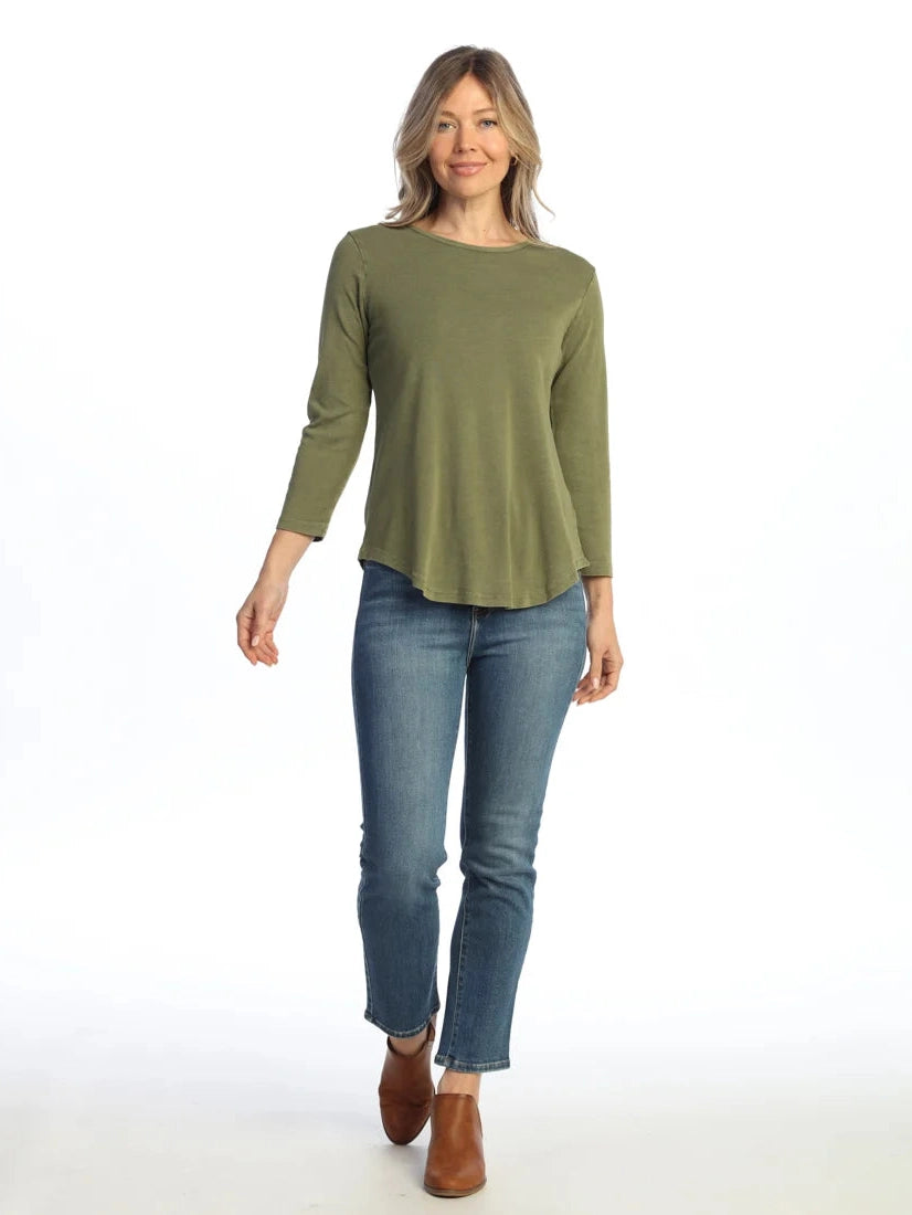 Jess &amp; Jane M80 Moss Green Curved Hem&nbsp; Flower 3/4 Sleeve&nbsp; Tunic Women's Top