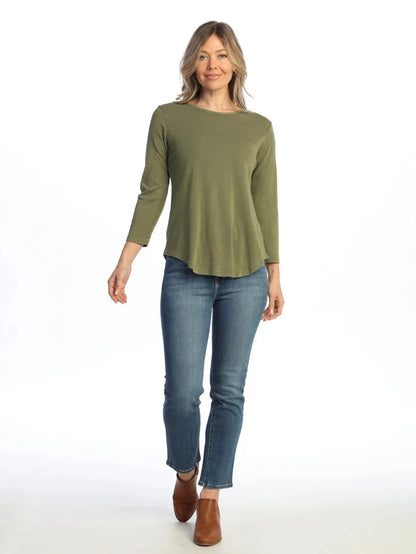 Jess &amp; Jane M80 Moss Green Curved Hem&nbsp; Flower 3/4 Sleeve&nbsp; Tunic Women's Top