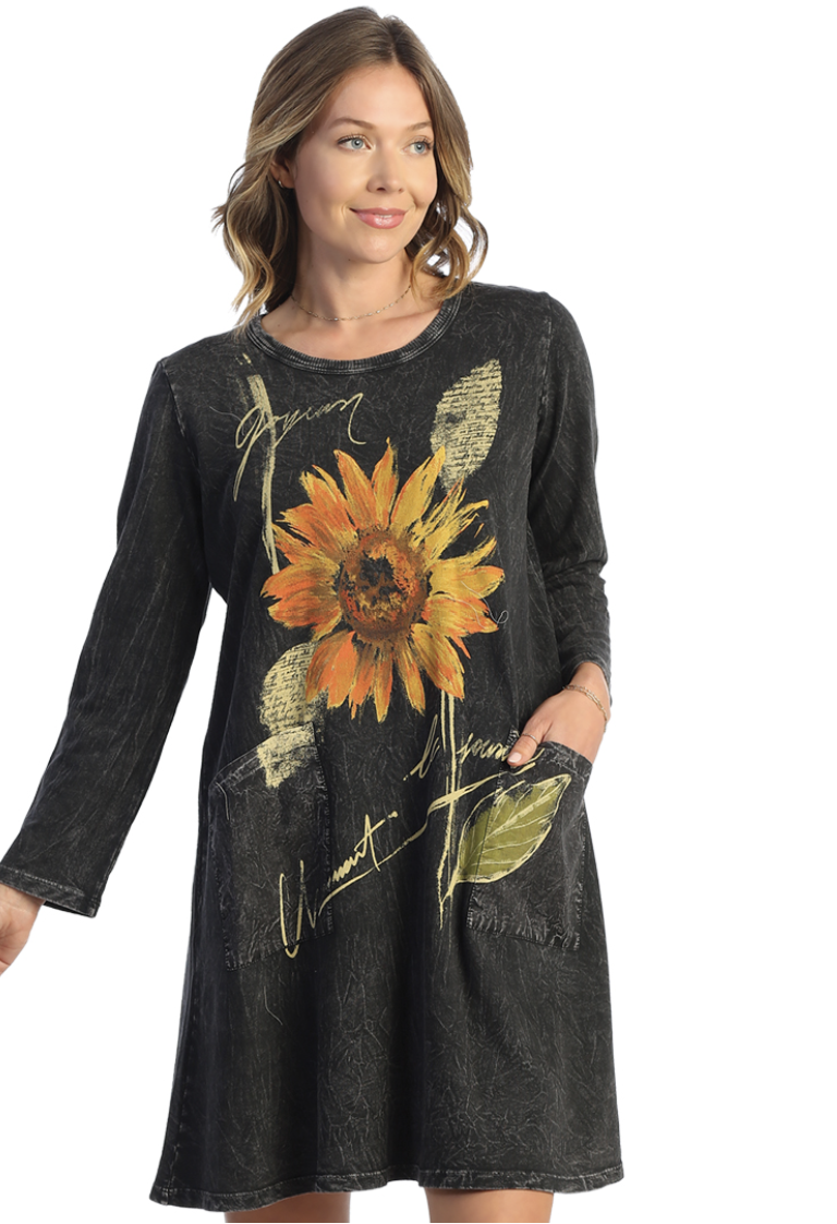 Jess & Jane - Size Medium - M86-1757 - Women's Black Sunflower French Terry Dress 