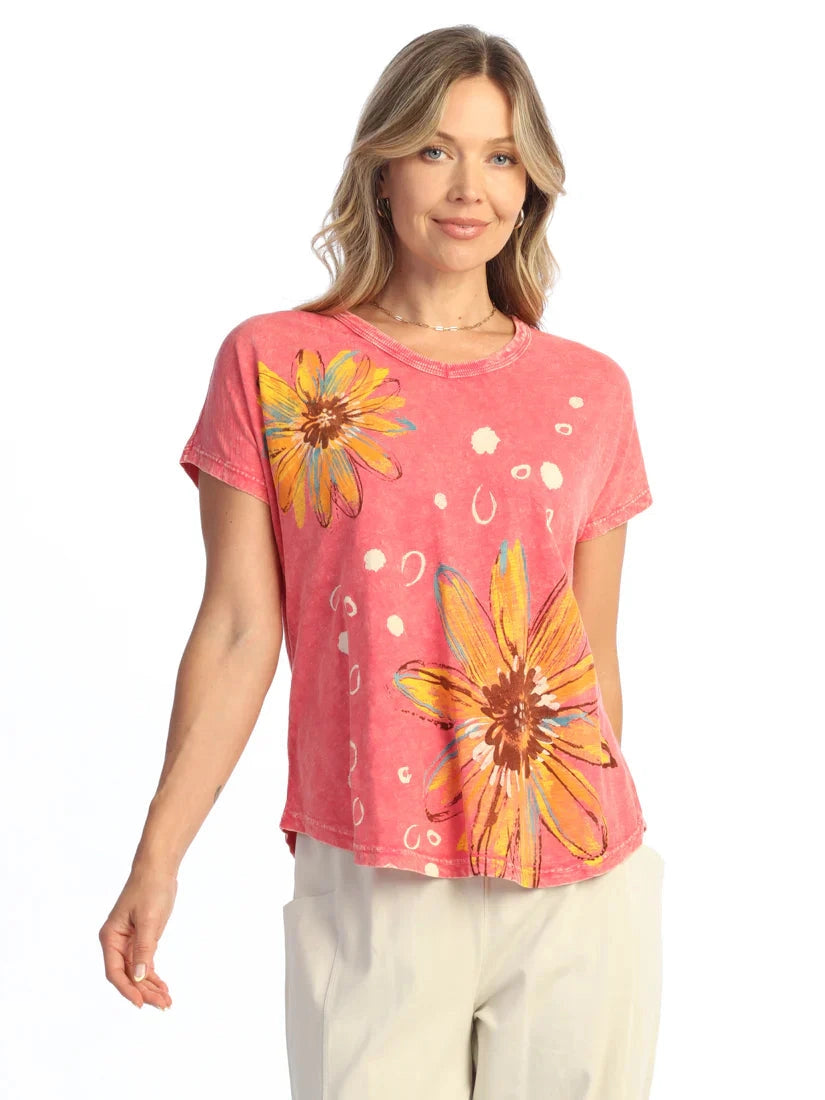 M91-2220 Joyful Raspberry Sunflower V-Neck Short Sleeve Women's