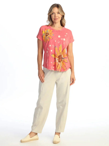 M91-2220 Joyful Raspberry Sunflower V-Neck Short Sleeve Women's