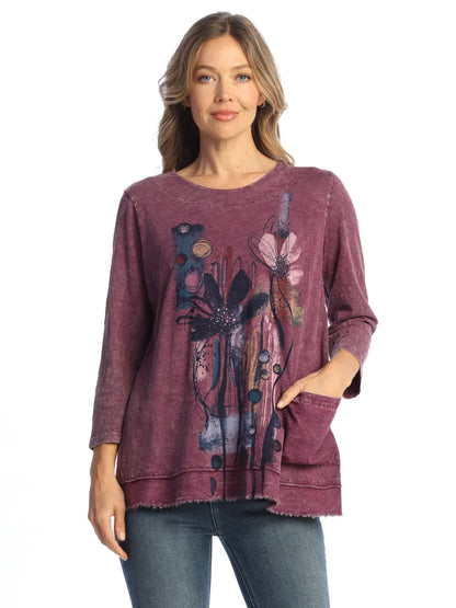 M94-2153 Plum Lllian  Mineral Washed  Flower 3/4 Sleeve 1 Pocket  Tunic Women's Top