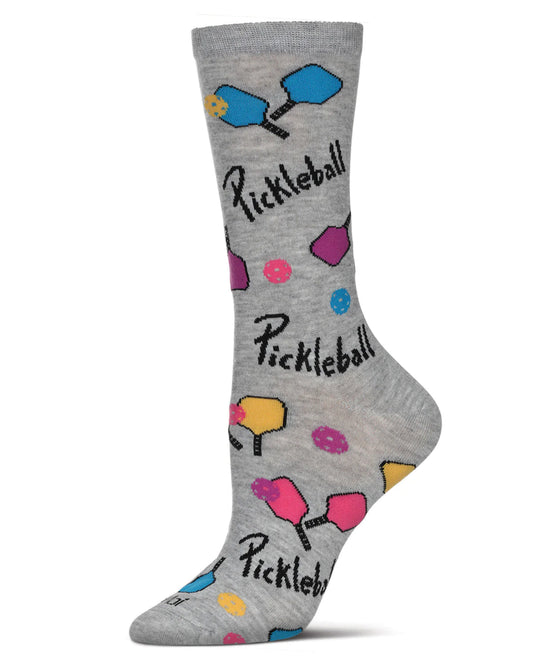 Women's Sock-Pickleball Paddle-Light Grey Heather- Bamboo Crew Sock-Mcv08514 