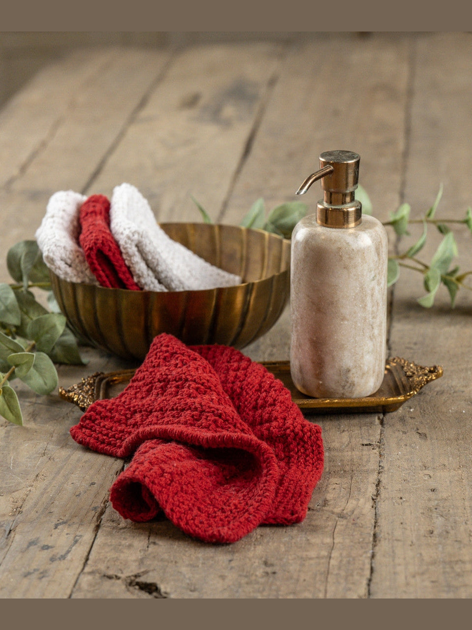 Washcloth Red &amp; White Knit 10x10" N249108
