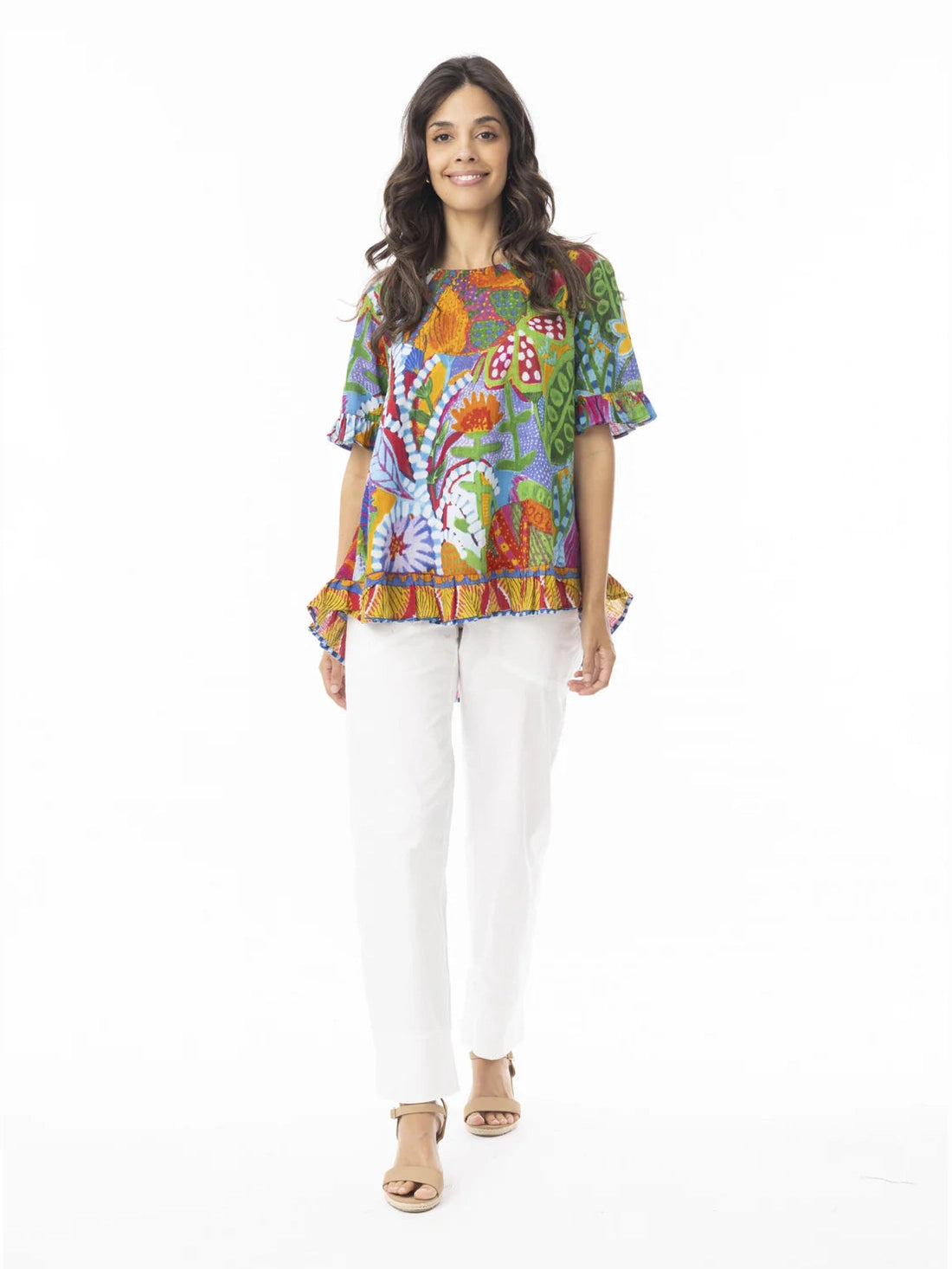 Top Ipanema Frill 1/2 Sleeve Ruffle Bottom Button Back Multi Colored Abstract Print 42184