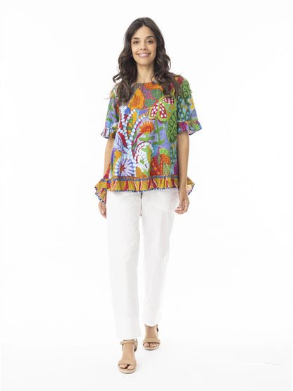 Top Ipanema Frill 1/2 Sleeve Ruffle Bottom Button Back Multi Colored Abstract Print 42184