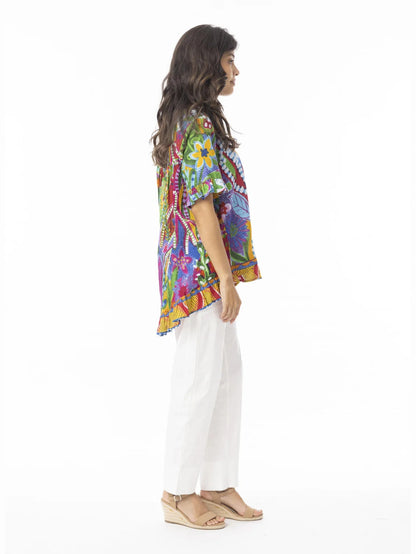 Top Ipanema Frill 1/2 Sleeve Ruffle Bottom Button Back Multi Colored Abstract Print 42184