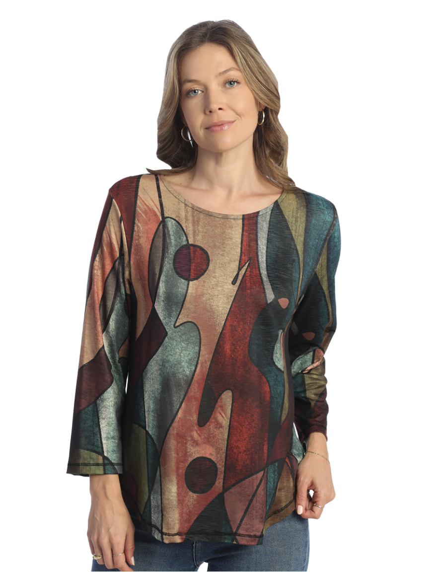 Jess & Jane - PS3-1867  - Women's Multicolored Abstract Tom Tom Round Neck Tunic 