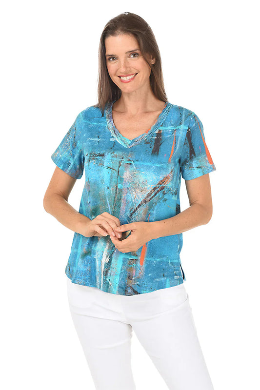 Shirt - Multi Blue Inga Short Sleeve V Neck - 24t15b8 