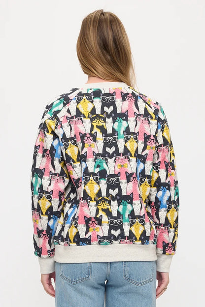 SM-Sweat Shirt Pullover Colorful Nerd Cat Print Women's Sw294
