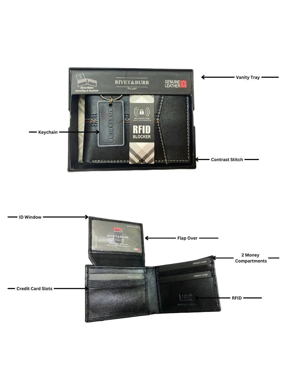 Wallet Bifold with Flap Over Includes Key Chain&nbsp; Black Leather Rbmwvt25&nbsp;