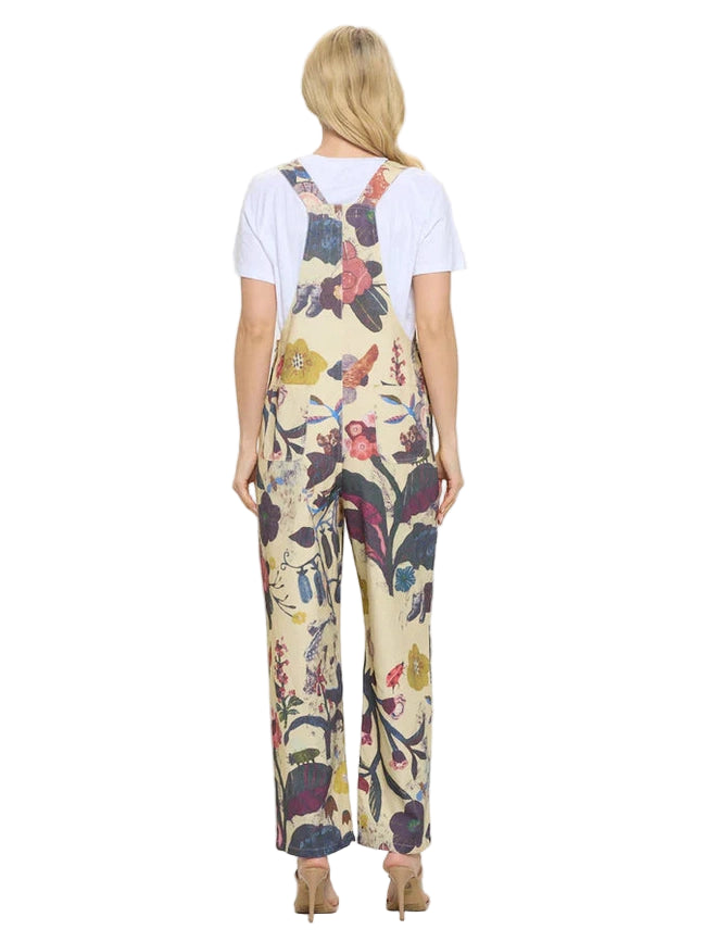 Overalls Floral&amp; Bird Print Beige Print Women's SM24004